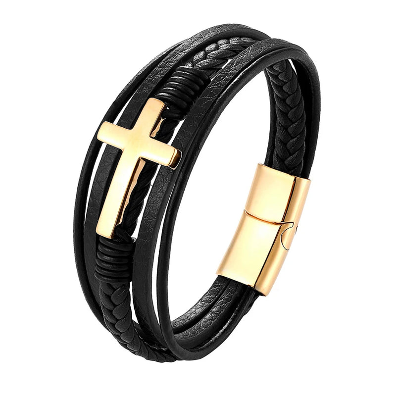 Pulseira Masculina de Couro — Estilo Vintage em Aço Inoxidável