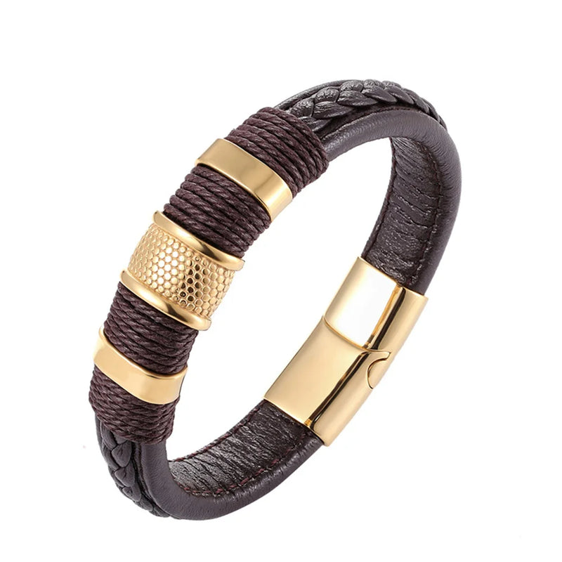Pulseira Masculina de Couro — Estilo Vintage em Aço Inoxidável