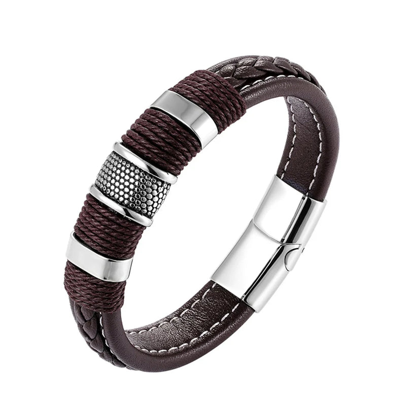 Pulseira Masculina de Couro — Estilo Vintage em Aço Inoxidável