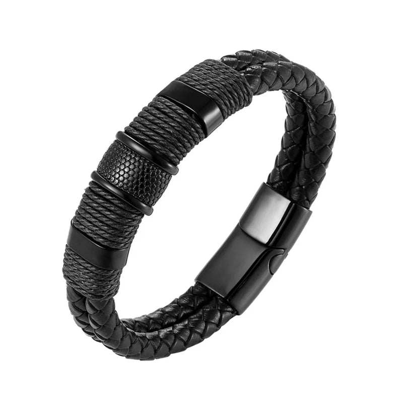 Pulseira Masculina de Couro — Estilo Vintage em Aço Inoxidável