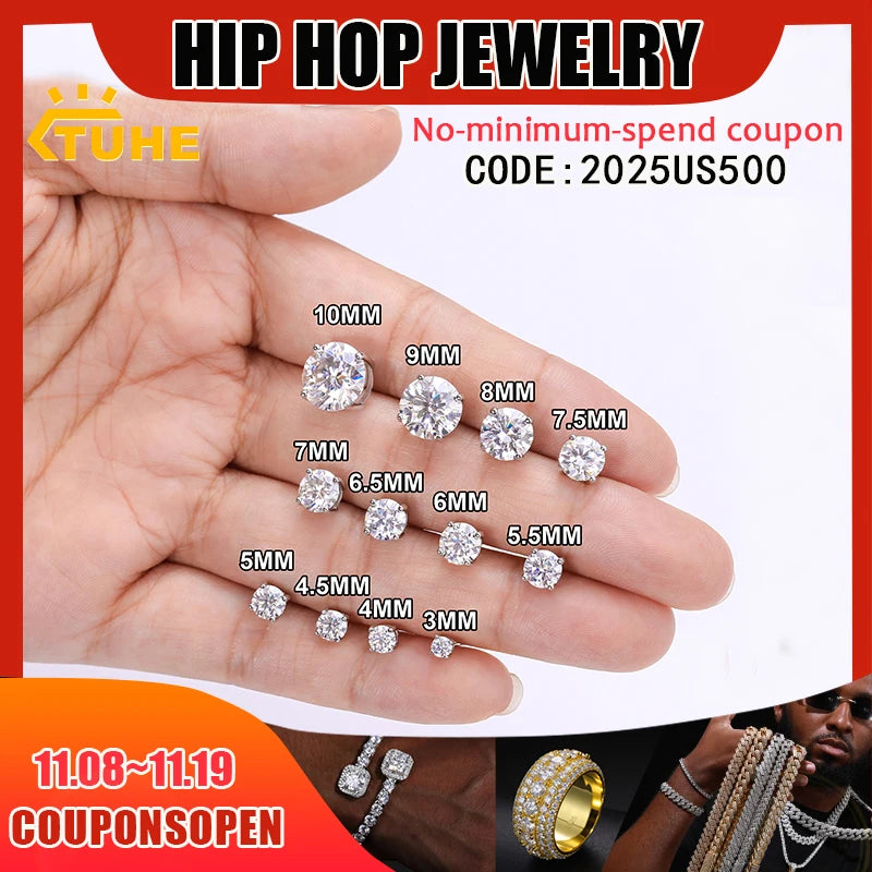 Brincos Unissex de Moissanita TUHE em Prata 925 — Estilo Hiphop Luxuoso com Fecho Rosqueado