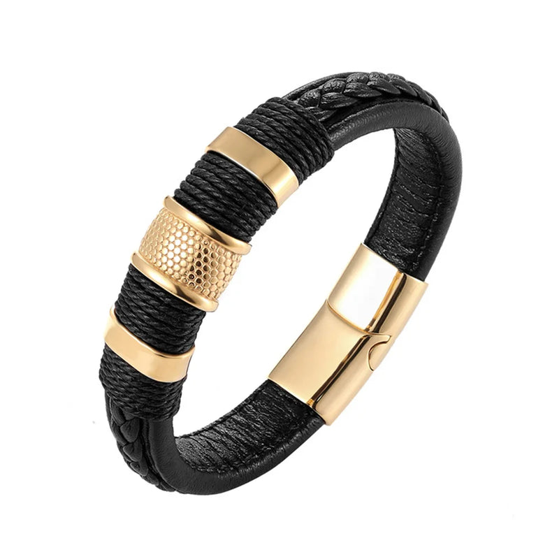 Pulseira Masculina de Couro — Estilo Vintage em Aço Inoxidável