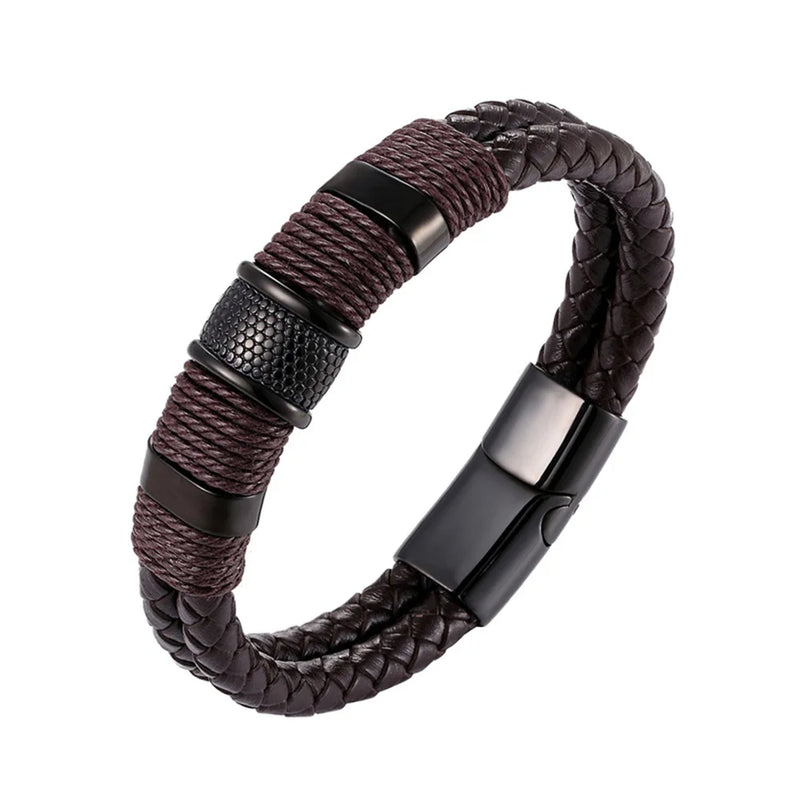 Pulseira Masculina de Couro — Estilo Vintage em Aço Inoxidável