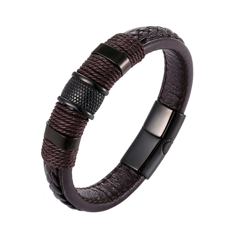 Pulseira Masculina de Couro — Estilo Vintage em Aço Inoxidável