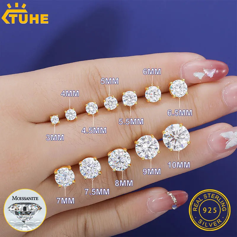 Brincos Unissex de Moissanita TUHE em Prata 925 — Estilo Hiphop Luxuoso com Fecho Rosqueado