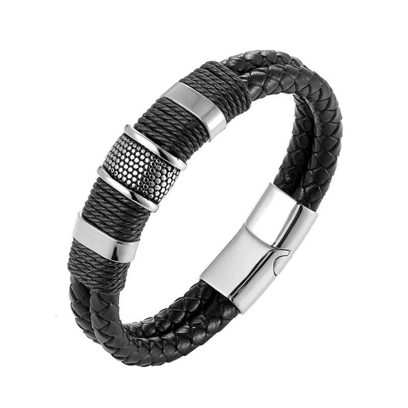 Pulseira Masculina de Couro — Estilo Vintage em Aço Inoxidável