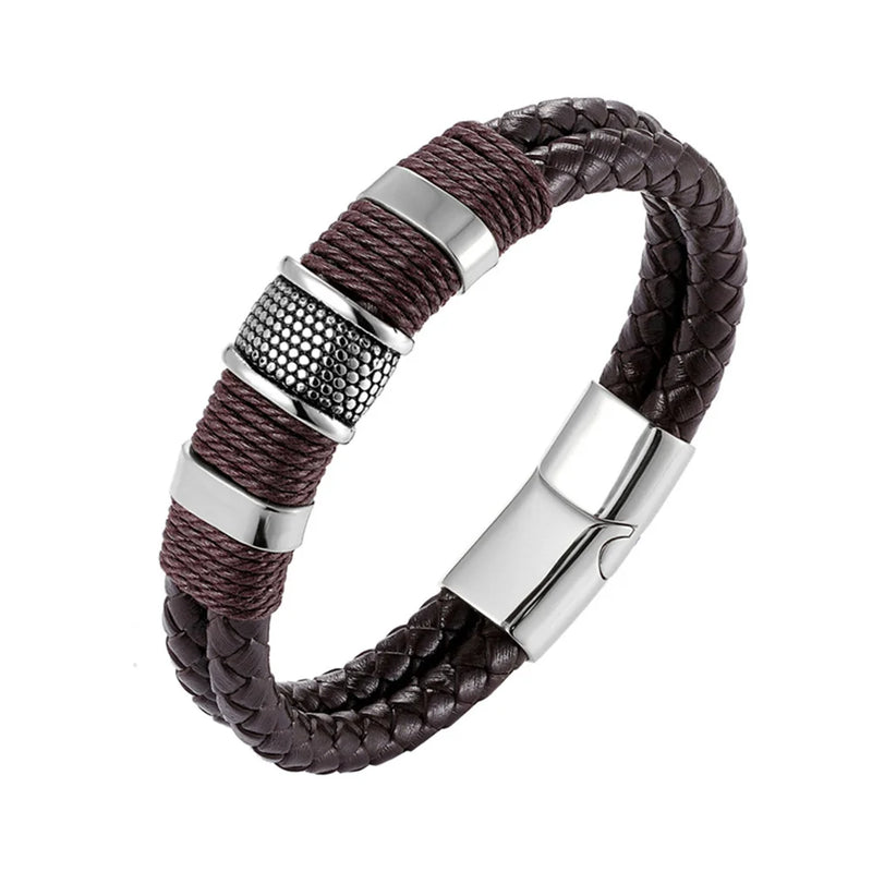 Pulseira Masculina de Couro — Estilo Vintage em Aço Inoxidável