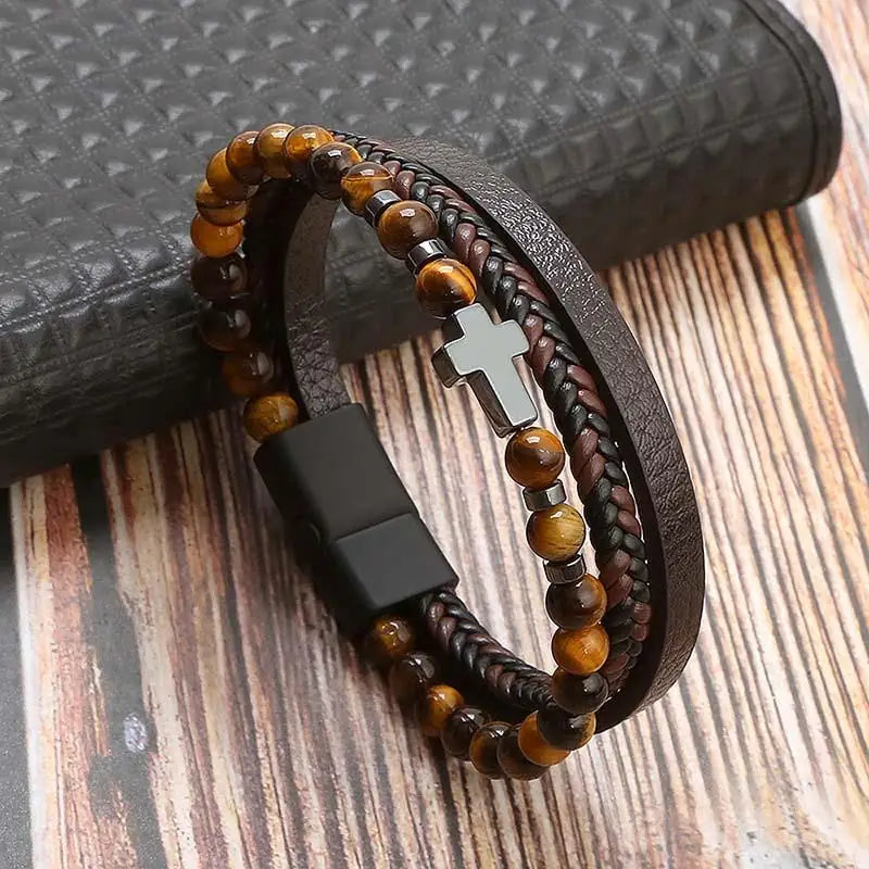 Pulseira de Couro Masculina — Força e Proteção com Olho de Tigre