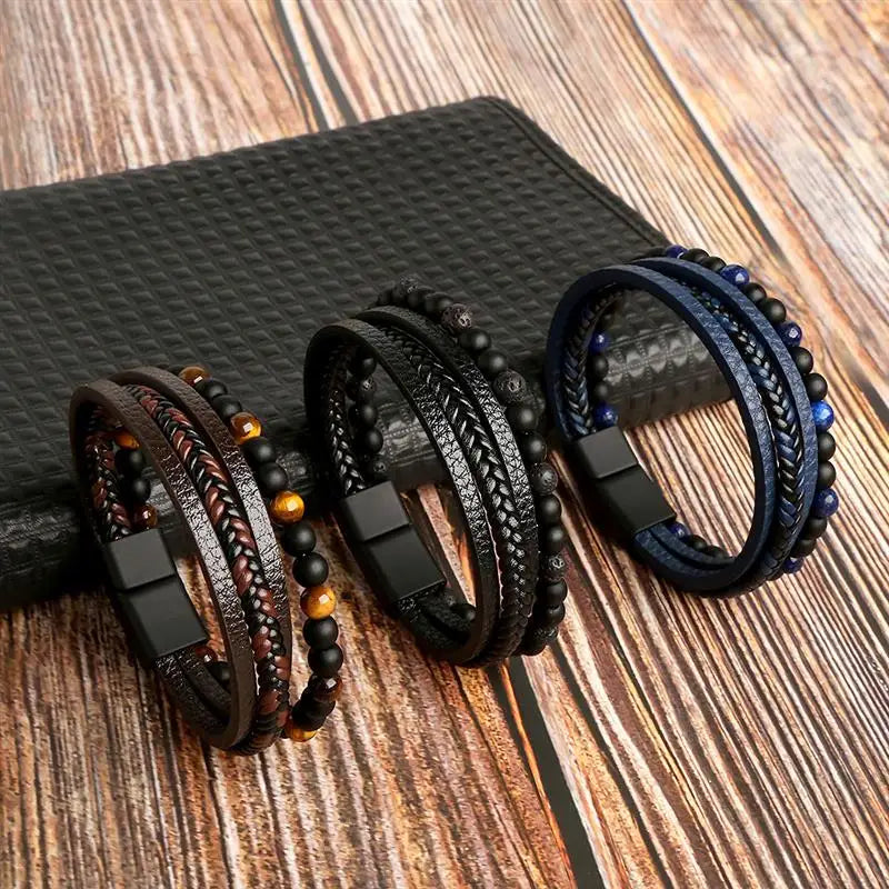 Pulseira de Couro Masculina — Força e Proteção com Olho de Tigre